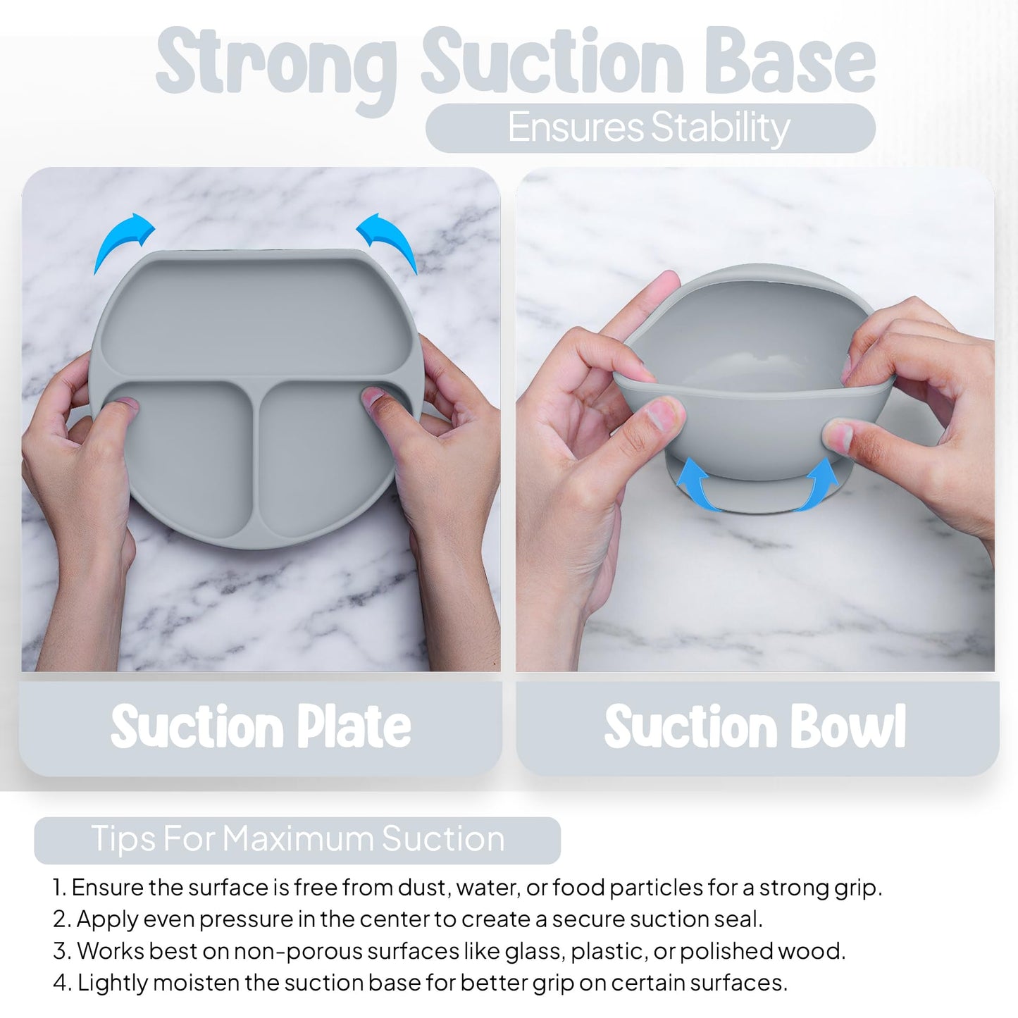 O'doe 11-Piece BPA-Free Silicone Baby Feeding Set | Thick & Soft Suction Plates, Baby Bowls, Wooden Fork & Spoon, and More | Make Mealtime Fun and Easy for Your Little One (Grey, V1)