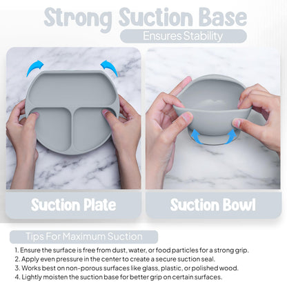 O'doe 11-Piece BPA-Free Silicone Baby Feeding Set | Thick & Soft Suction Plates, Baby Bowls, Wooden Fork & Spoon, and More | Make Mealtime Fun and Easy for Your Little One (Grey, V1)