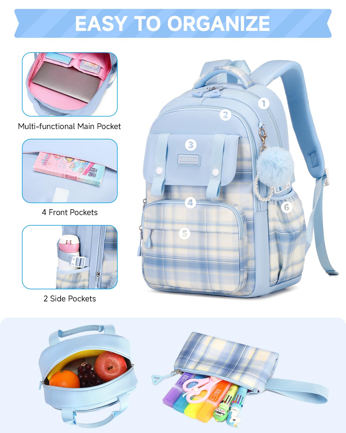 Amythe Girls' School Backpack Set, Cute Kids Backpack, Casual School Bag for Elementary Middle School Girls, Bookbag Set with Lunch Bag and Pencil Case,Blue