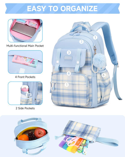Amythe Girls' School Backpack Set, Cute Kids Backpack, Casual School Bag for Elementary Middle School Girls, Bookbag Set with Lunch Bag and Pencil Case,Blue
