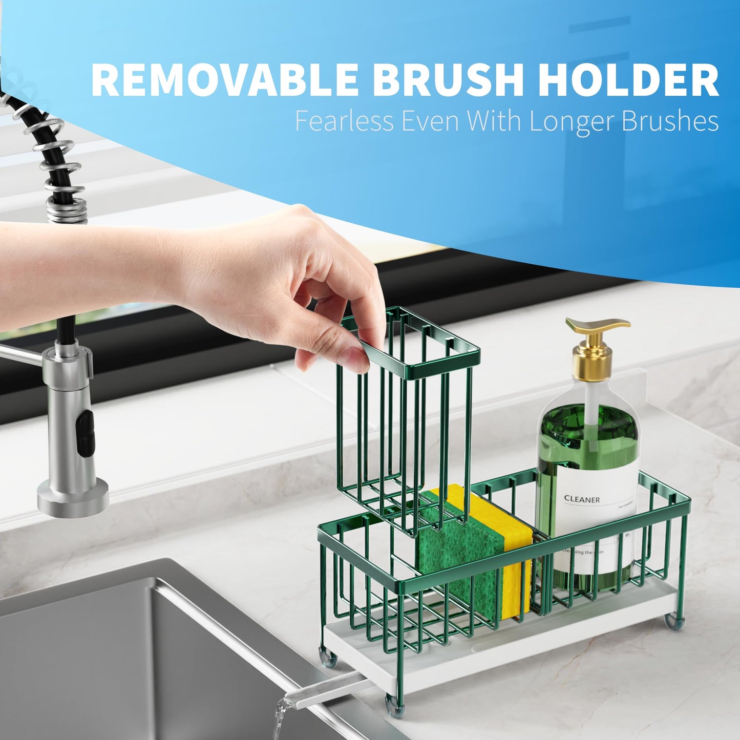 Sponge Holder for Kitchen Sink, Sink Caddy Organizer with High Brush Holder, Countertop Organizers and Storage Rustproof 304 Stainless Steel, Dark Green Kitchen Decor and Accessories