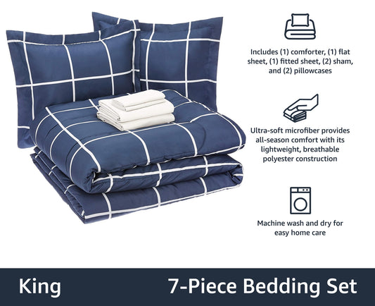 7-Piece Lightweight Microfiber Bed-in-a-Bag Comforter Bedding Set - King, Navy with Simple Plaid