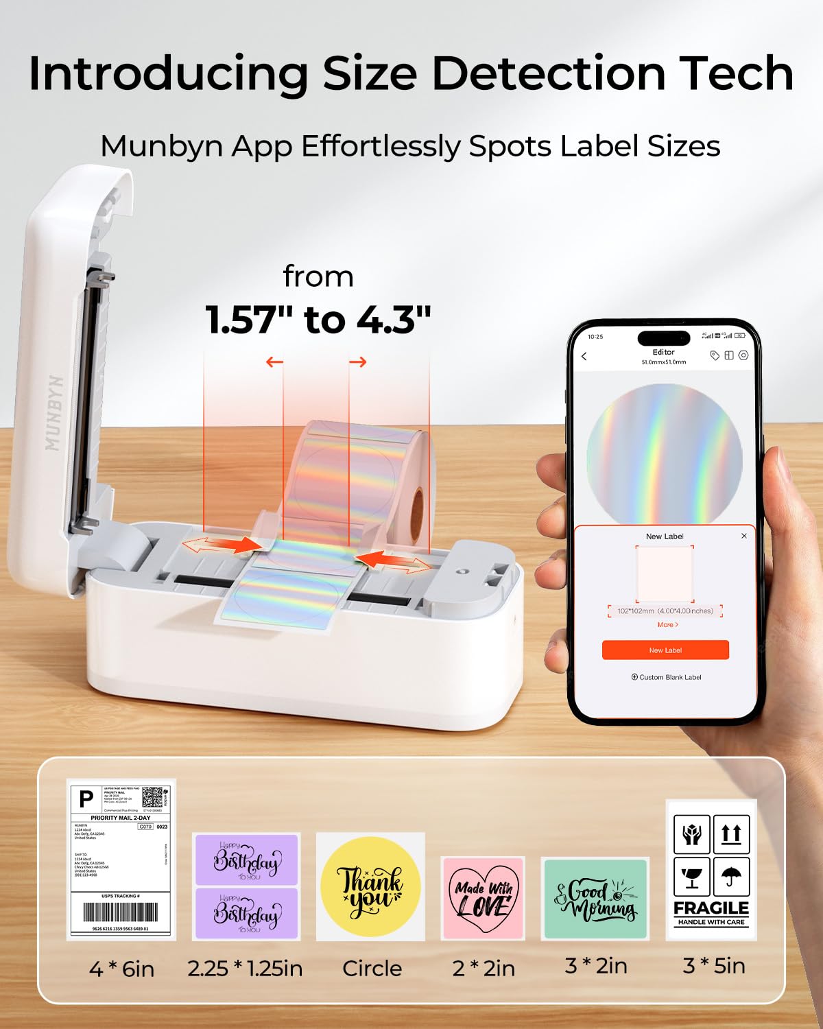 MUNBYN Bluetooth Shipping Label Printer, 4x6 Thermal Label Printer for Small Business, Compatible with iPhone, Android, Windows, macOS, Etsy, Shopify, Royal Mail, DHL, DPD, Evri, 402B, White