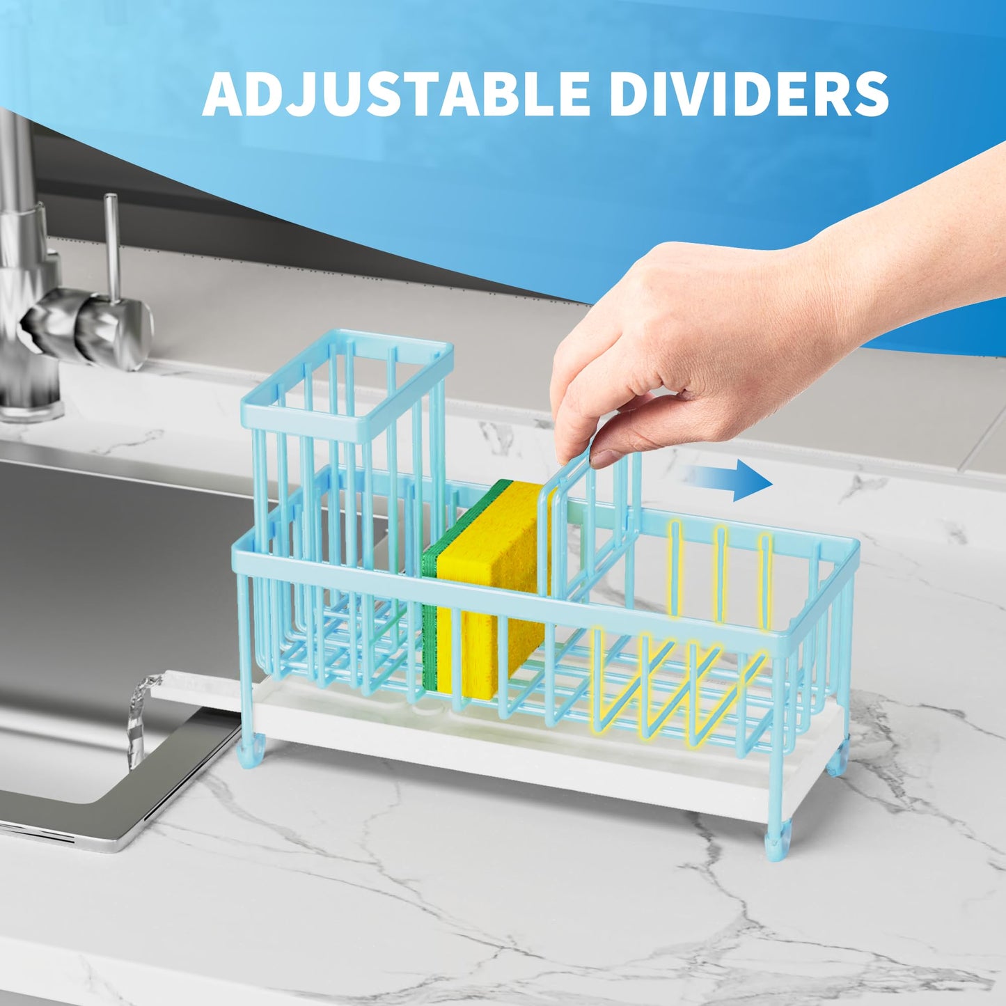 Blue Sponge Holder for Kitchen Sink, Sink Caddy Organizer with High Brush Holder, Kitchen Countertop Organizers and Storage Essentials, Rustproof 304 Stainless Steel, Soap Dispenser Organize