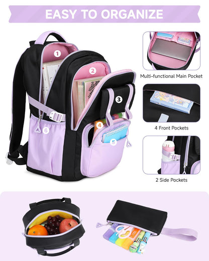Amythe Girls' School Backpack Set, Cute Kids Backpack, Casual School Bag for Elementary Middle School Girls, Bookbag Set with Lunch Bag and Pencil Case,Purple