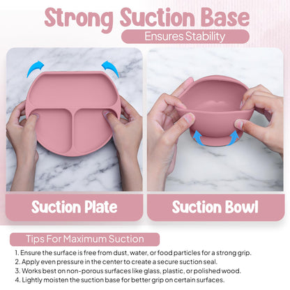 O'doe 17-Piece BPA-Free Silicone Baby Feeding Set | Thick & Soft Suction Plates, Baby Bowls, Wooden Fork & Spoon, and More | Make Mealtime Fun and Easy for Your Little One | Pink, V2