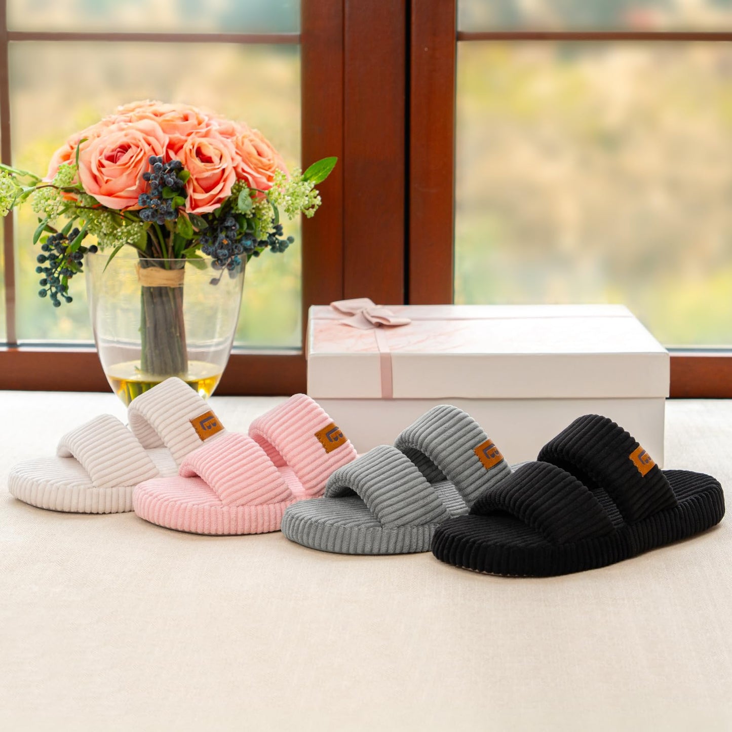 LongBay Womens Memory Foam Slippers Indoor Bedroom House Slippers Shoes Open Toe Corduroy Slide Comfy Two Bands Gift