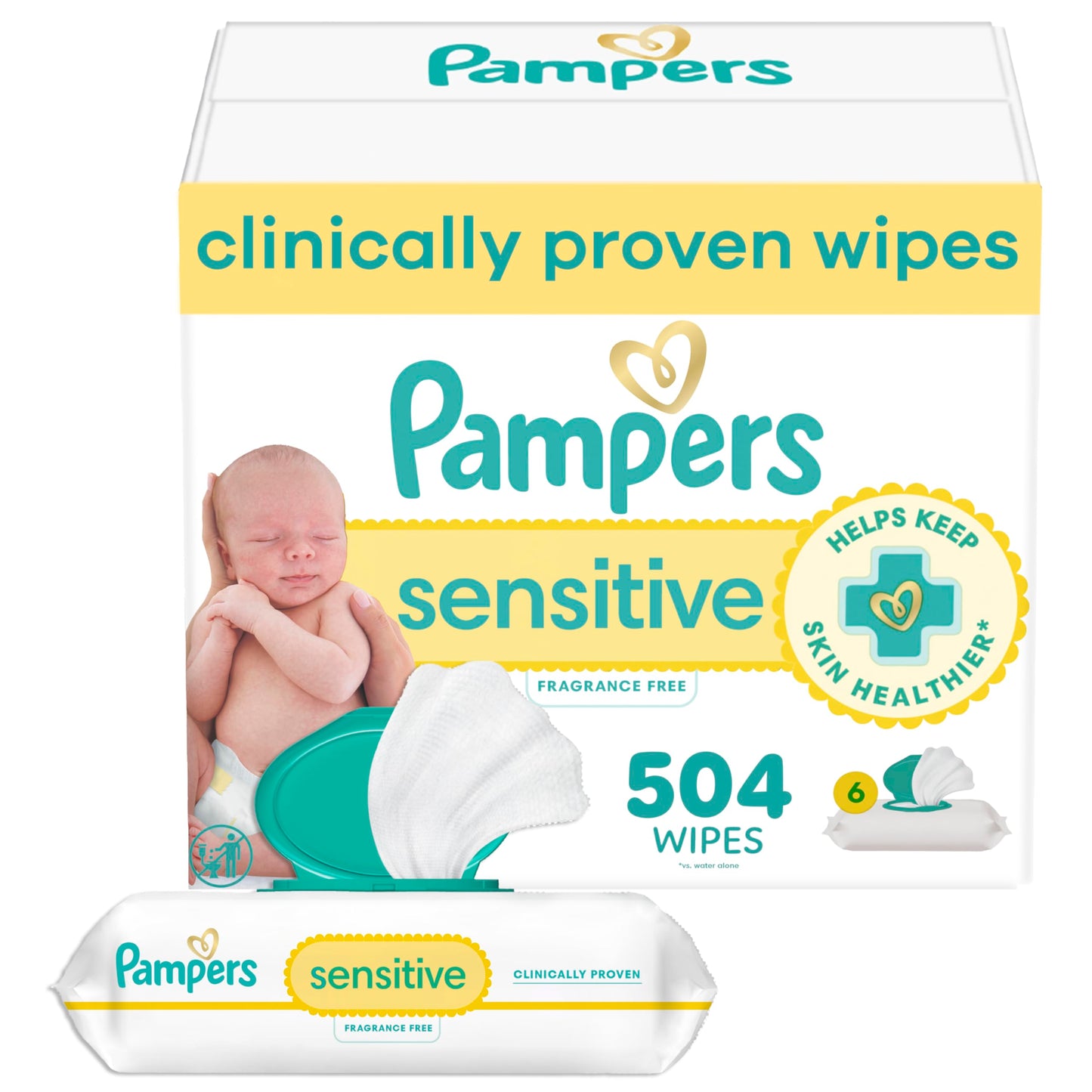 Pampers Sensitive Baby Wipes, Clinically Proven, Water Based, Hypoallergenic and Unscented Baby Wipes, 504 Baby Wipes Total (6X Flip-Top Packs)