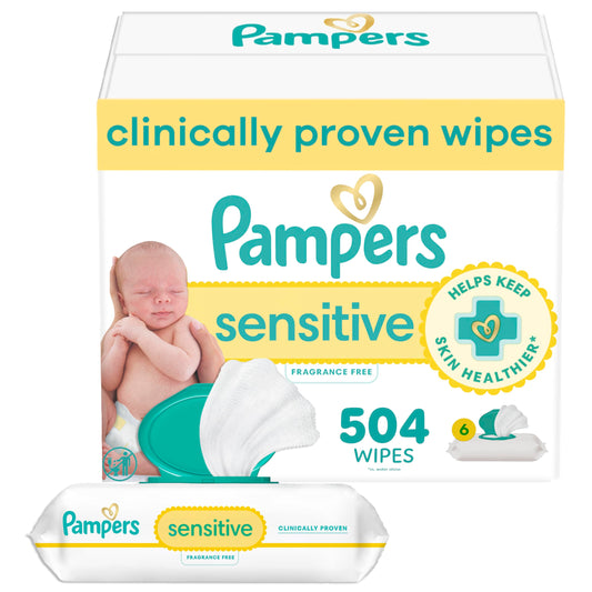 Pampers Sensitive Baby Wipes, Clinically Proven, Water Based, Hypoallergenic and Unscented Baby Wipes, 504 Baby Wipes Total (6X Flip-Top Packs)