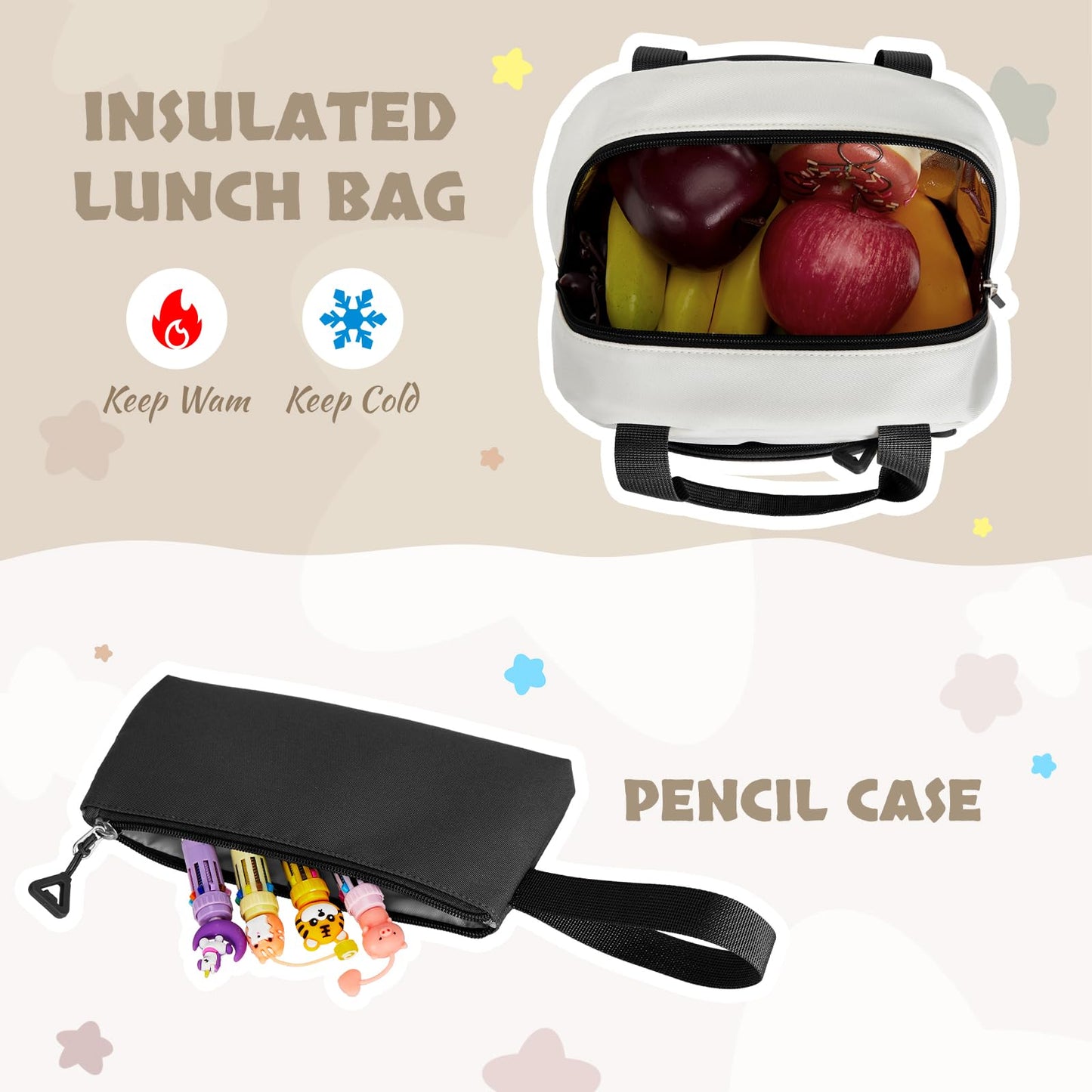 Amythe School Bag for Girls, 3 Pcs Kids Backpack for Elementary Junior School, Multiple Compartment Girl's BookBag Set with Lunch Box Pencil Case, Casual Sac a Dos Fille, Black