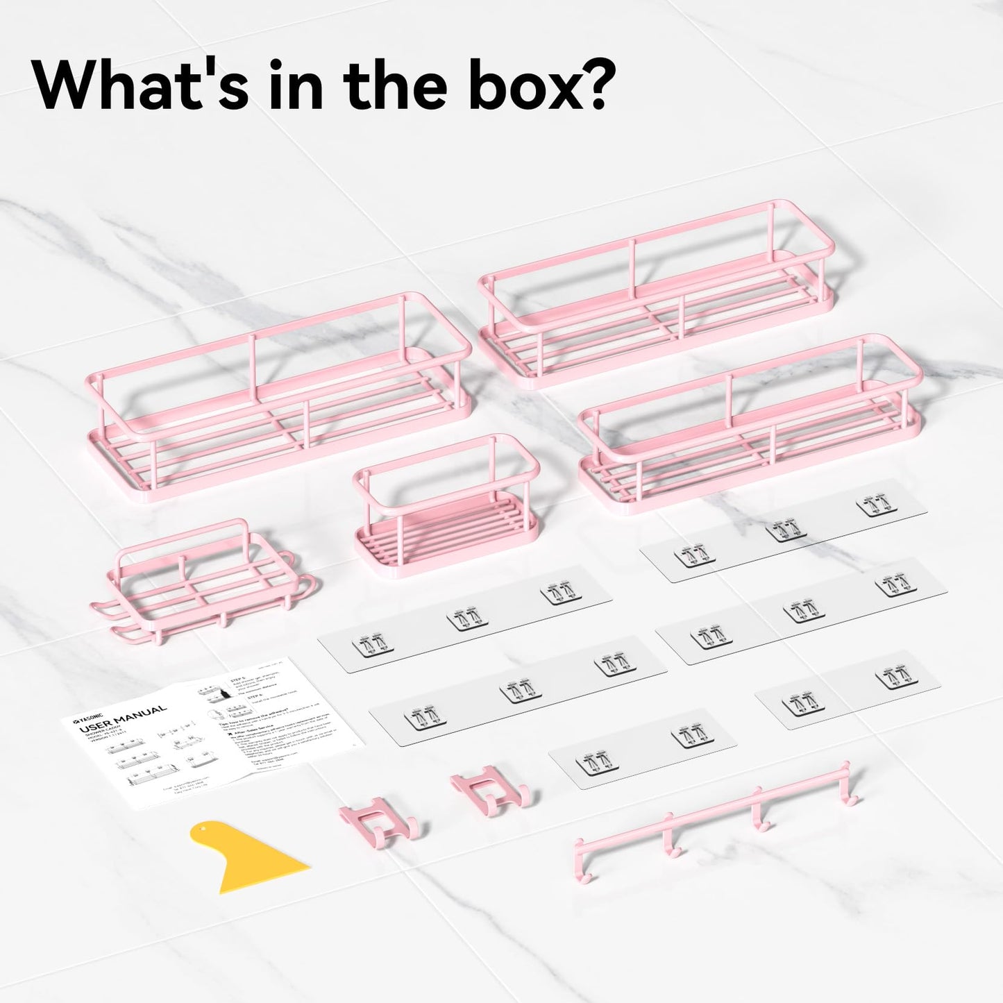 YASONIC Shower Caddy, 6 Pack Large Capacity Bath Organizer with Soap Holder and 12 Hooks, Rustproof Shower Shelves for Inside Shower, No Drilling&Sleek Bathroom Organizers and Storage Pink