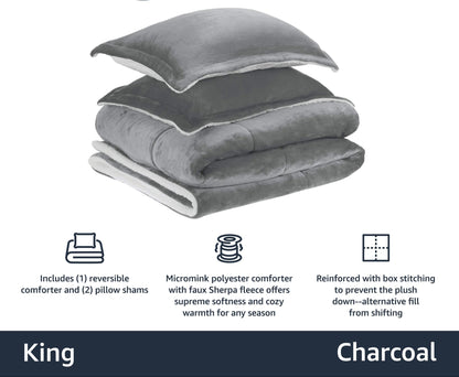 Ultra-Soft Micromink Sherpa Comforter Bed Set - Charcoal, King