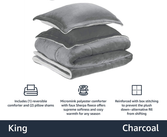 Ultra-Soft Micromink Sherpa Comforter Bed Set - Charcoal, King