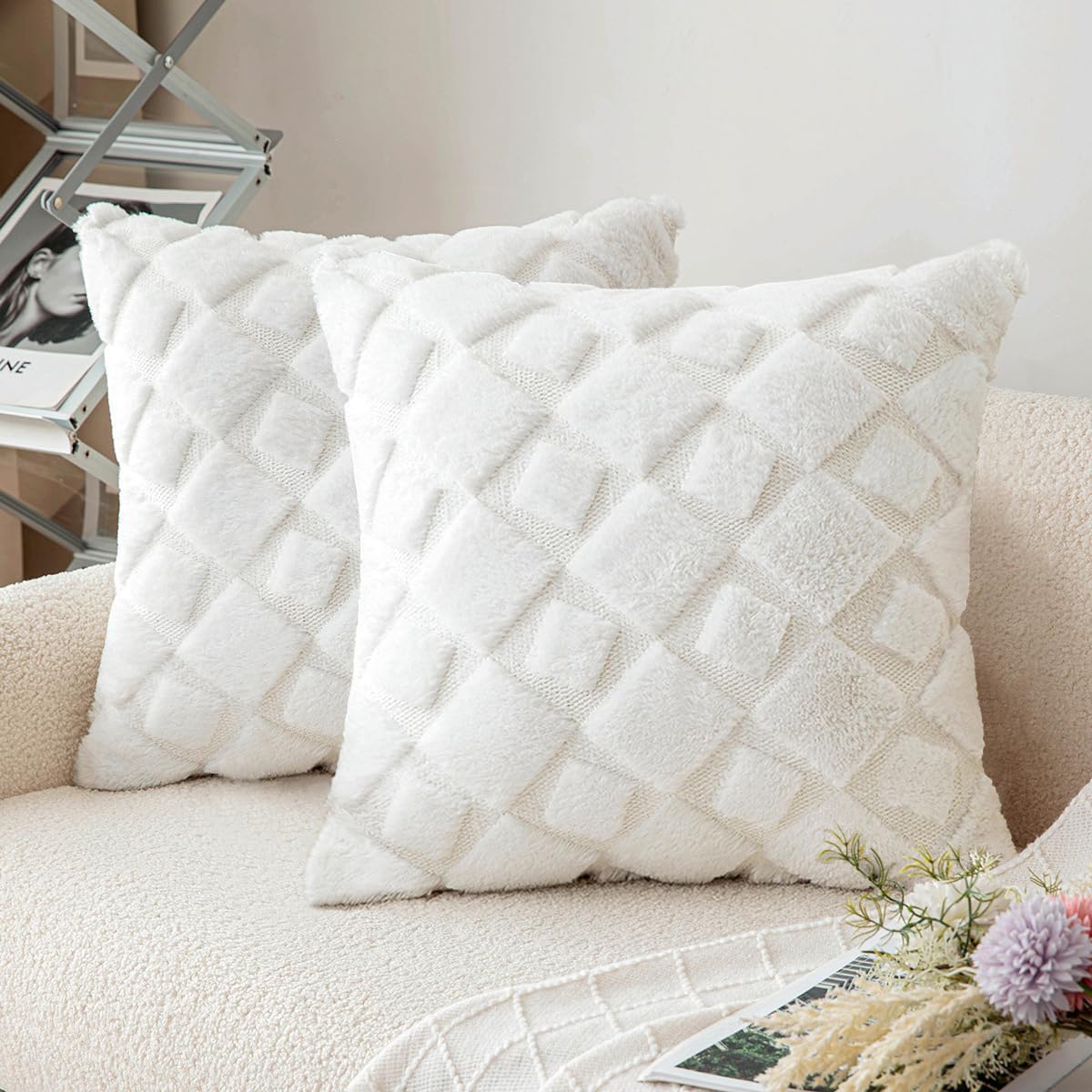 CJWLKJ 2Pcs Soft Faux Fur Throw Pillow Covers 18x18 - Plush Short Wool Velvet Decorative Pillow Covers - Couch Sofa Pillow Covers for Living Room - with 3D Plaid Pattern (White)