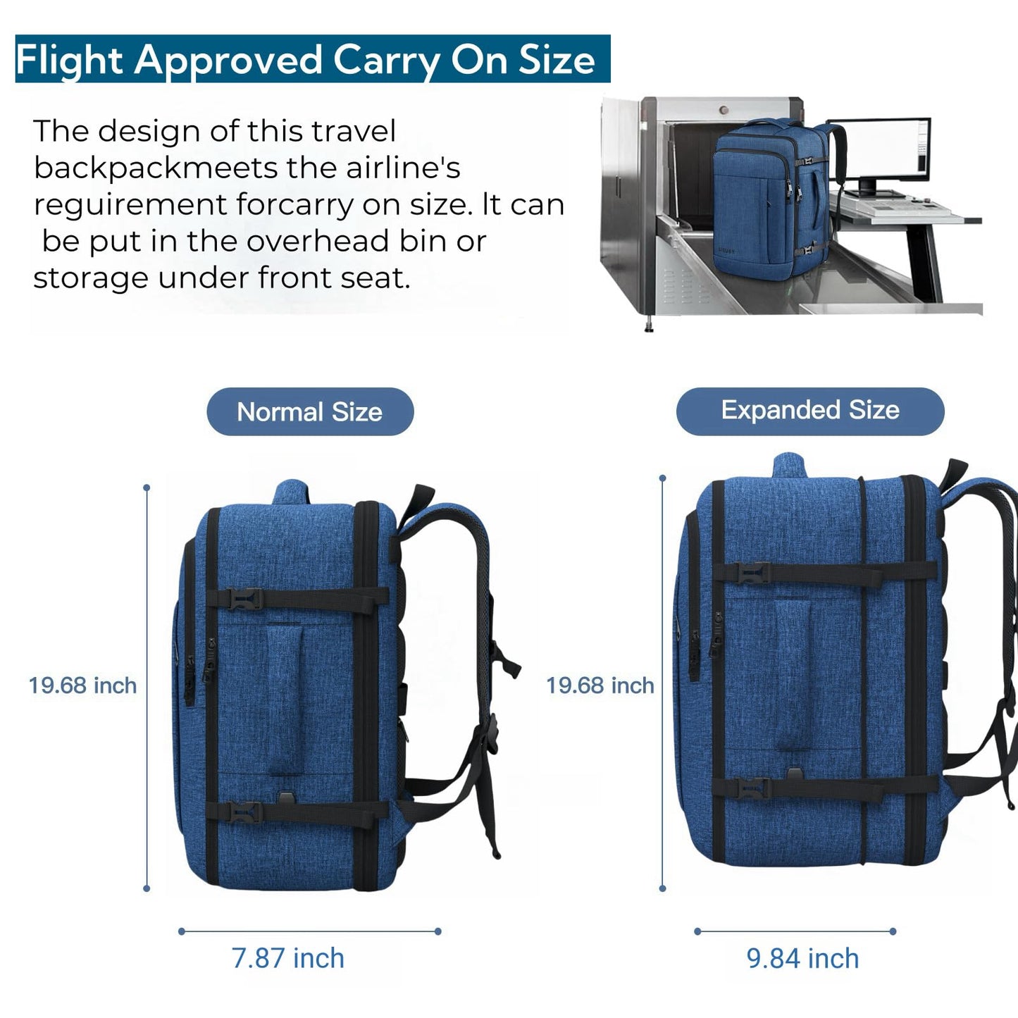 Carry On Backpack, Extra Large 50L Travel Backpack for Men & Women, Expandable Backpack For Airplanes, 17 Inch Laptop Backpack, Luggage Backpack 40L Daypack Lightweight Business Weekender Bag, Blue