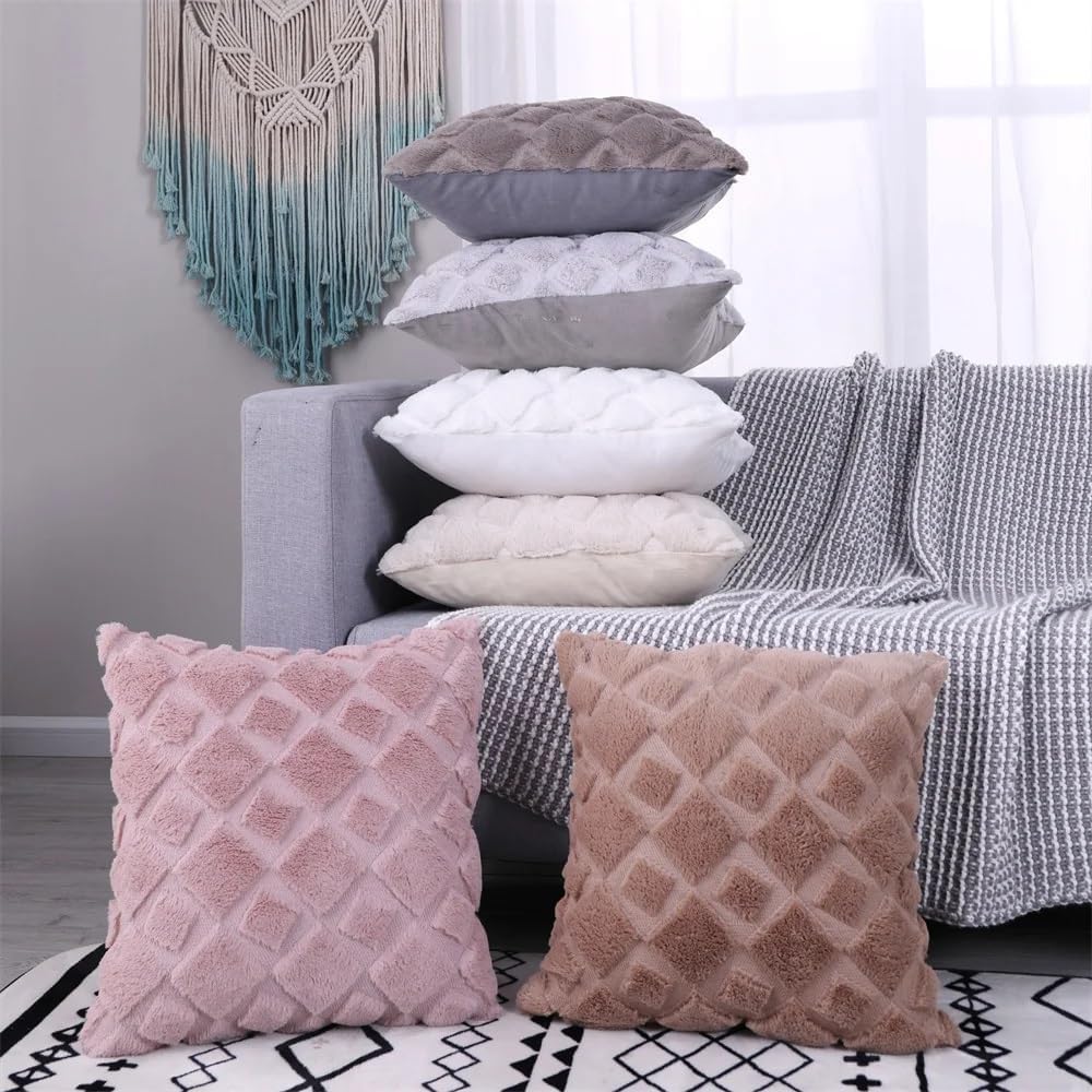 CJWLKJ 2Pcs Soft Faux Fur Throw Pillow Covers 18x18 - Plush Short Wool Velvet Decorative Pillow Covers - Couch Sofa Pillow Covers for Living Room - with 3D Plaid Pattern (Black)