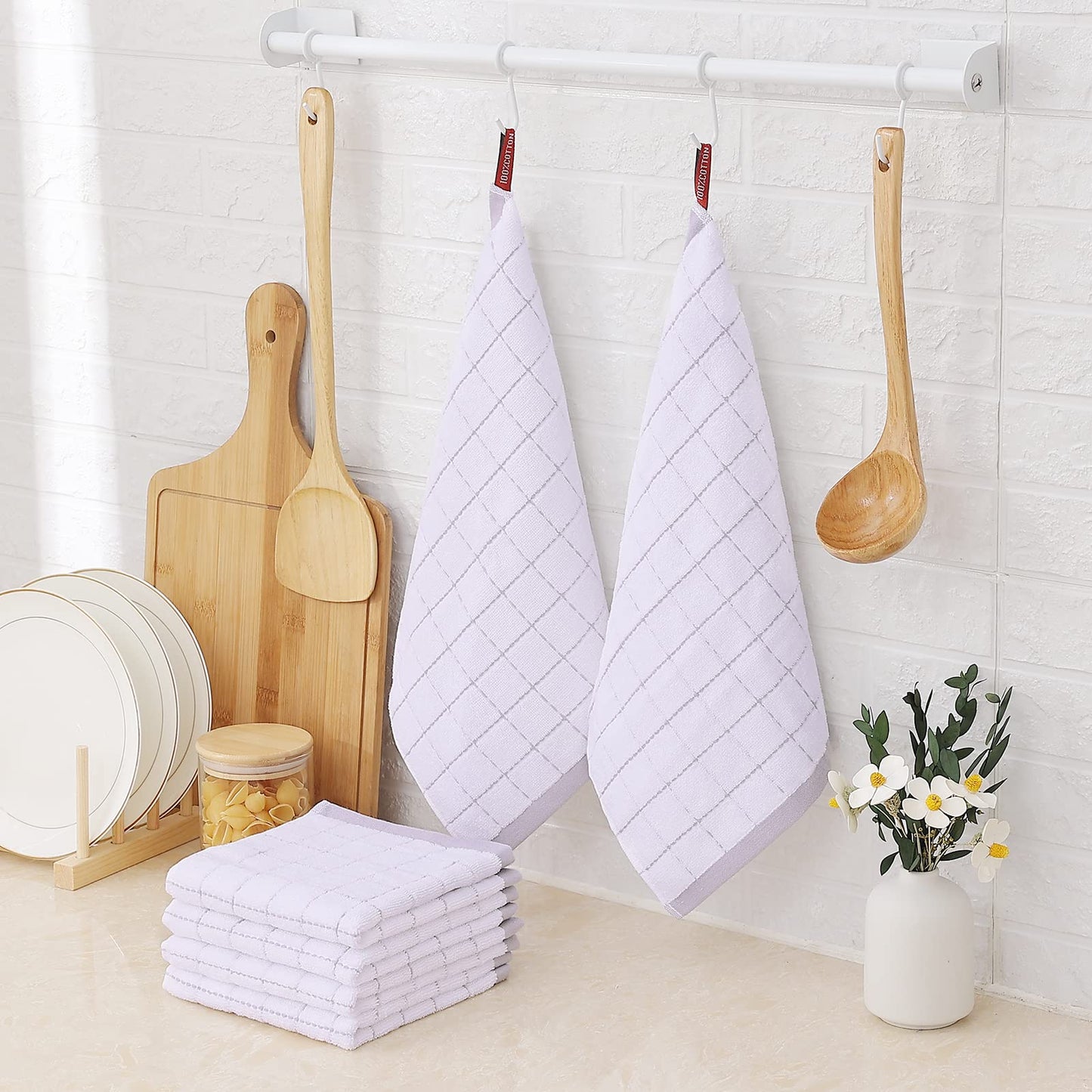100% Cotton Terry Kitchen Dish Cloths, Ultra Soft and Absorbent Dish Towels for Kitchen, Suitable for Drying and Washing Dishes, 6 Pack, 12 x 12 Inches, White