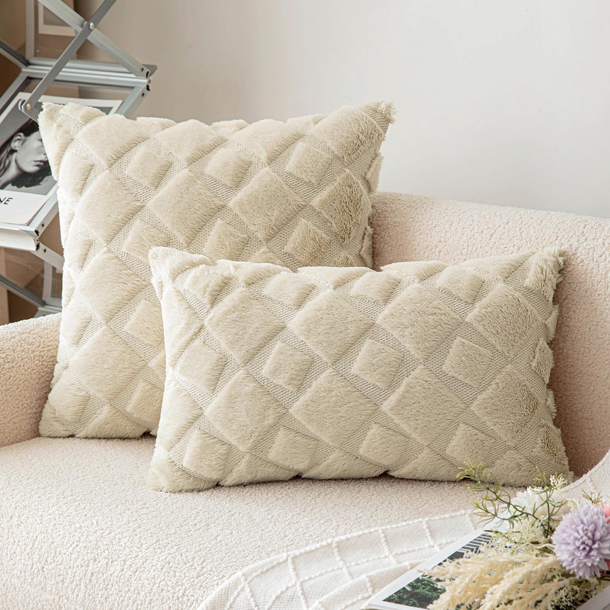 CJWLKJ 2Pcs Soft Faux Fur Throw Pillow Covers 18x18 - Plush Short Wool Velvet Decorative Pillow Covers - Couch Sofa Pillow Covers for Living Room - with 3D Plaid Pattern (Beige)