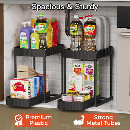 2 Pack Multi-Purpose Pull-Out Storage Organizers, Under Sink Organizers and Storage for Bathroom & Kitchen, Under Cabinet Organizers and storage, 14.8 Inch, Black