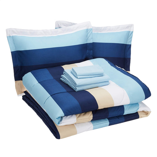 7-Piece Lightweight Microfiber Bed-in-a-Bag Comforter Bedding Set - King, Blue Stripe