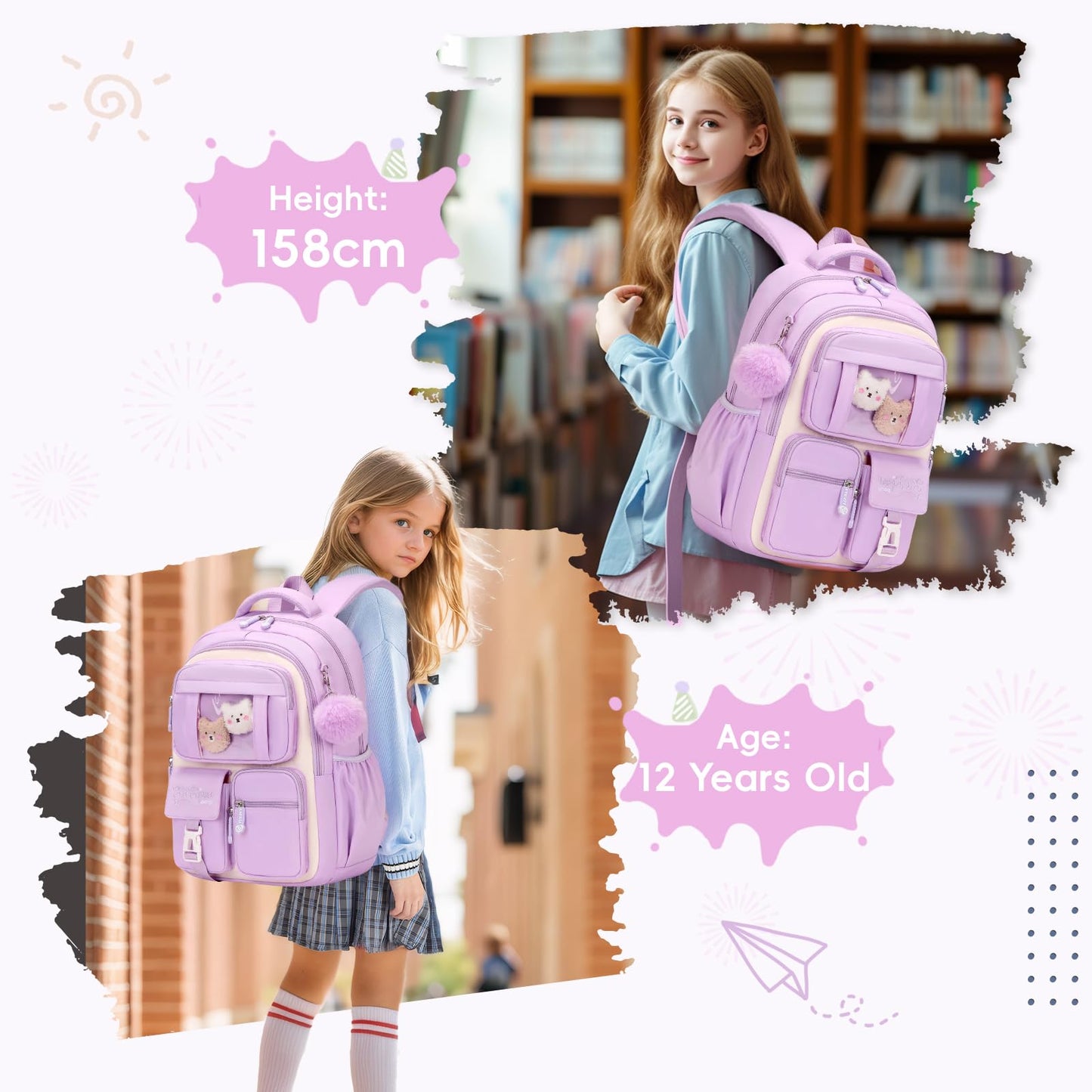 Amythe School Bag for Girls, Breathable School Backpack for Kids with Pendant, Casual Sac a Dos Fille for Elementary Junior High School, Purple