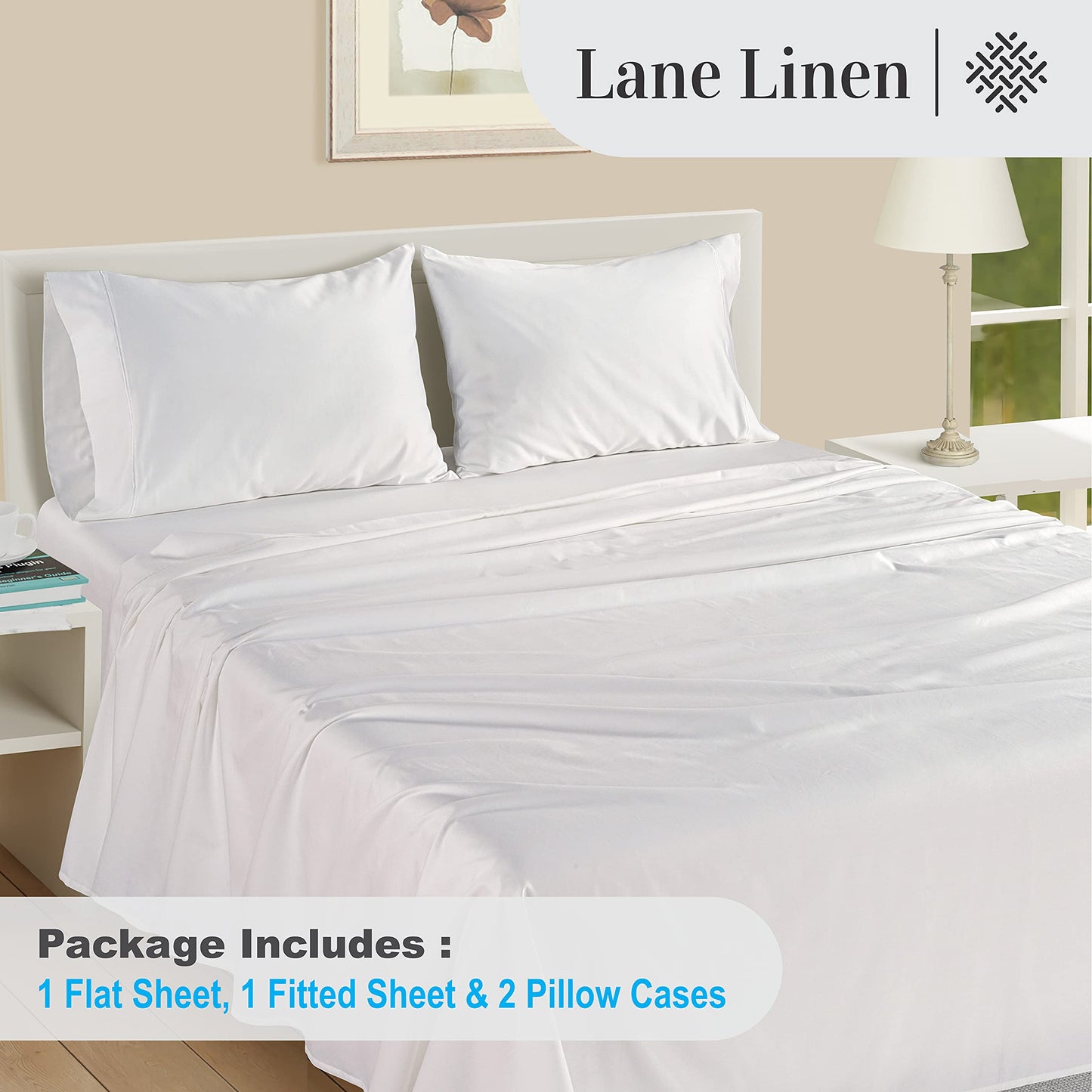 LANE LINEN 100% Egyptian Cotton Queen Sheet Set – Soft & Comfy, No Pill, Fade Resistant, Oeko-Tex Certified, Sustainably Produced, 16" Extra Deep Pocket Bed Sheets – White