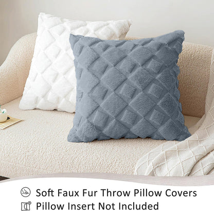 CJWLKJ 2Pcs Soft Faux Fur Throw Pillow Covers 18x18 - Plush Short Wool Velvet Decorative Pillow Covers - Couch Sofa Pillow Covers for Living Room - with 3D Plaid Pattern (Gray)