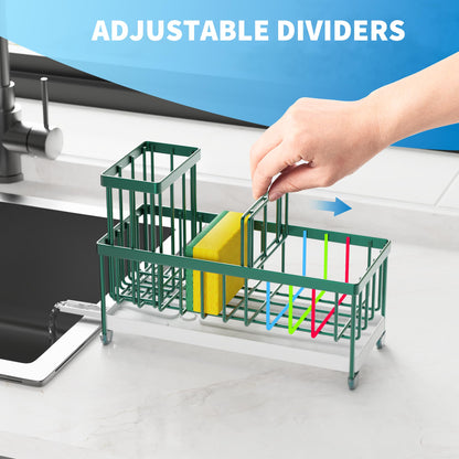 Sponge Holder for Kitchen Sink, Sink Caddy Organizer with High Brush Holder, Countertop Organizers and Storage Rustproof 304 Stainless Steel, Dark Green Kitchen Decor and Accessories
