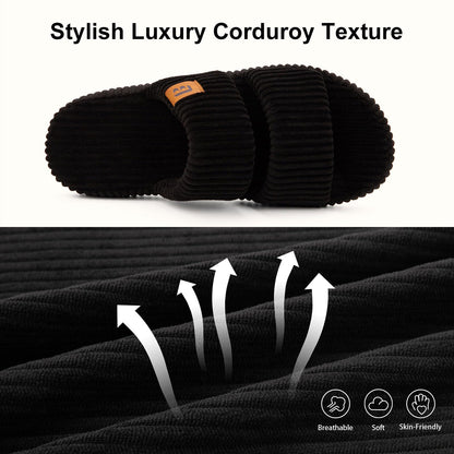 LongBay Womens Memory Foam Slippers Indoor Bedroom House Slippers Shoes Open Toe Corduroy Slide Comfy Two Bands Gift