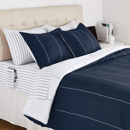 Reversible Microfiber Bed-in-a-Bag with Elastic Storage Pockets - 7 pieces, Full/Queen, Navy Stripe