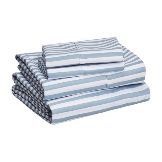 Lightweight Super Soft Easy Care Microfiber 4 Piece Bed Sheet Set With 14-inch Deep Pockets - Queen, Dusty Blue Pinstripe,Printed