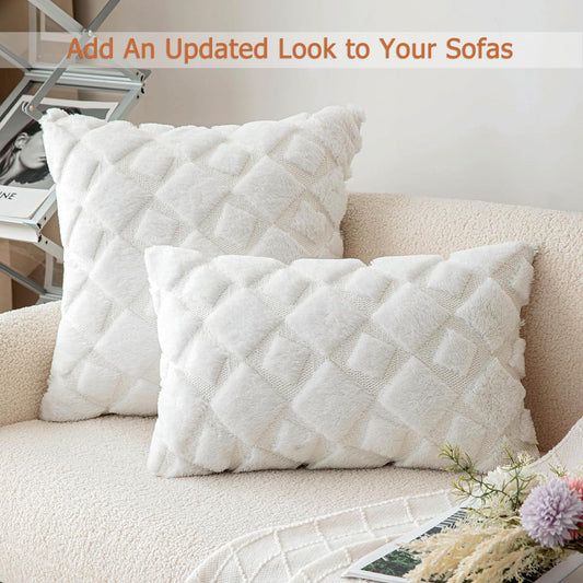 CJWLKJ 2Pcs Soft Faux Fur Throw Pillow Covers 18x18 - Plush Short Wool Velvet Decorative Pillow Covers - Couch Sofa Pillow Covers for Living Room - with 3D Plaid Pattern (White)