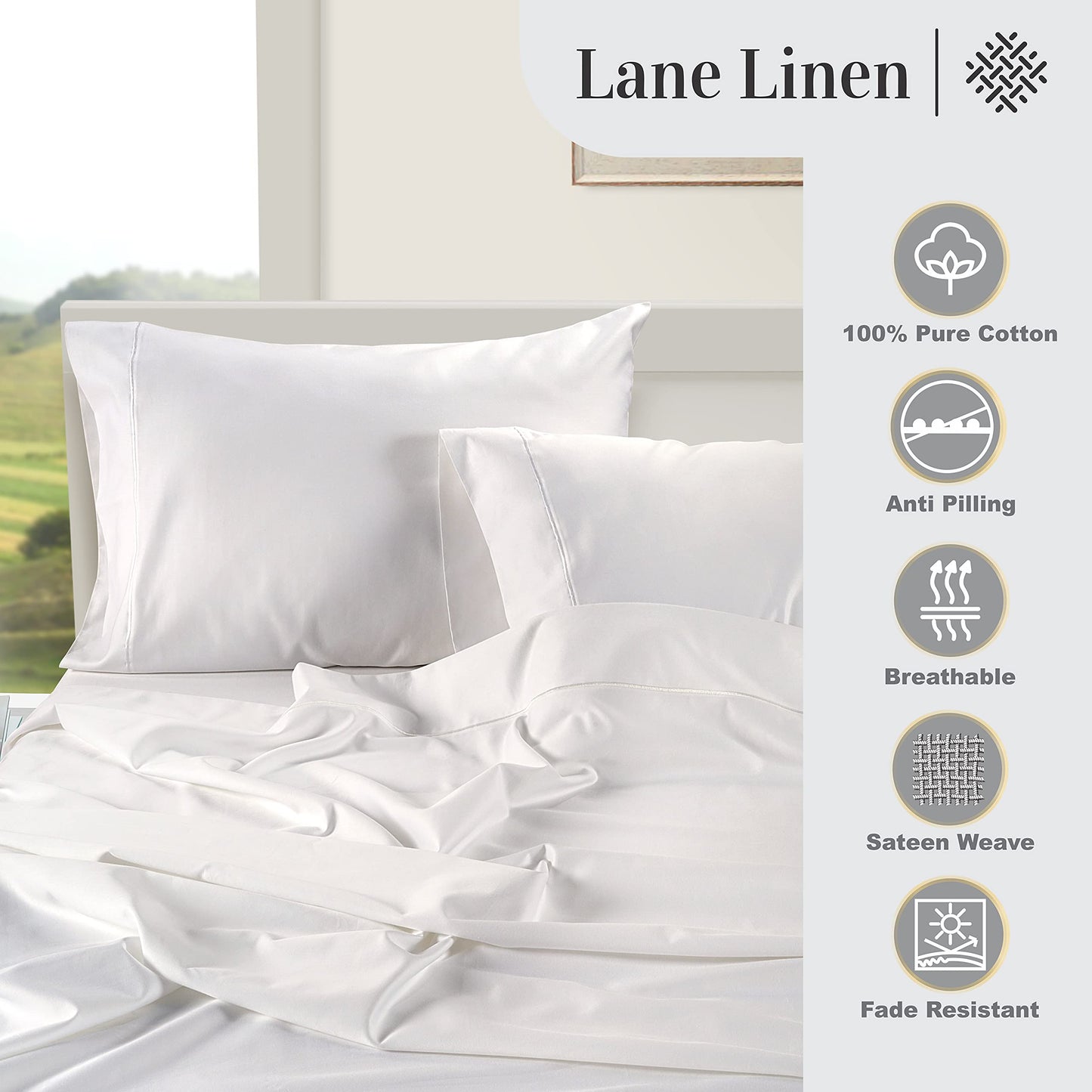 LANE LINEN 100% Egyptian Cotton Queen Sheet Set – Soft & Comfy, No Pill, Fade Resistant, Oeko-Tex Certified, Sustainably Produced, 16" Extra Deep Pocket Bed Sheets – White