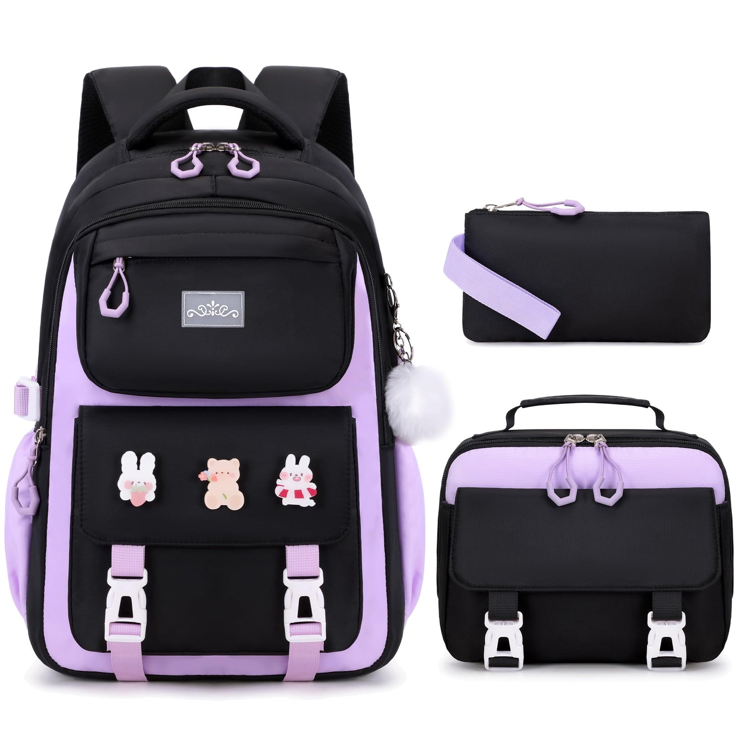 DIGOBAY Girls Backpack, School Backpack for Girls with Lunch Box Pencil Case Set for Teen Kids Girl Elementary Primary Middle High College School Bookbag with Cute Pins Blackpruple
