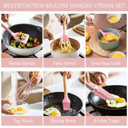 Umite Chef Silicone Kitchen Utensils Set, 33 Piece Non-Stick Kitchen Utensils with Stand, Wooden Handle, Pink