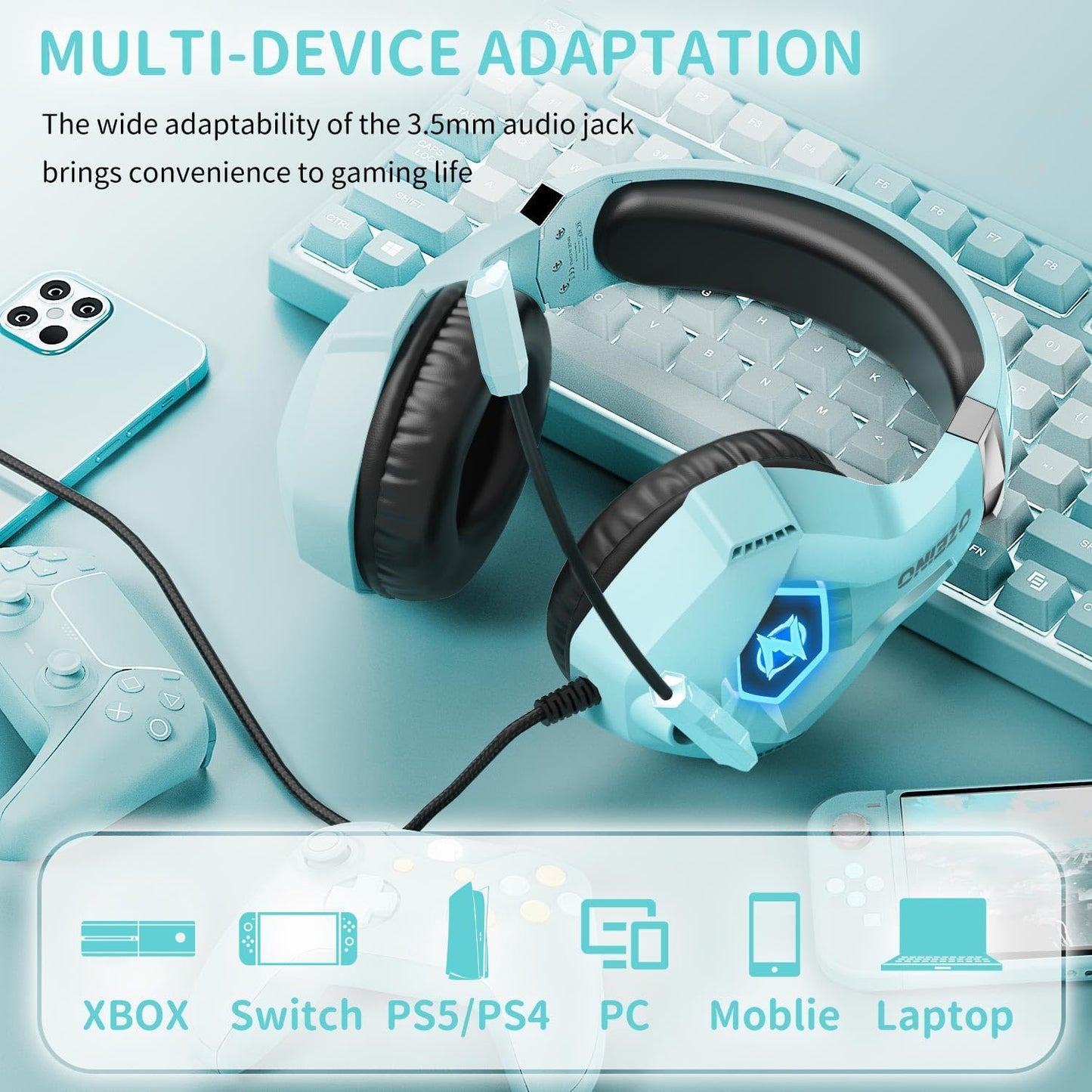 Ozeino Gaming Headset for PC, Ps4, Ps5, Xbox Headset with 7.1 Surround Sound, Gaming Headphones with Noise Cancelling Mic RGB Light Over Ear Headphones for Xbox Series X/S, Switch-Light Blue