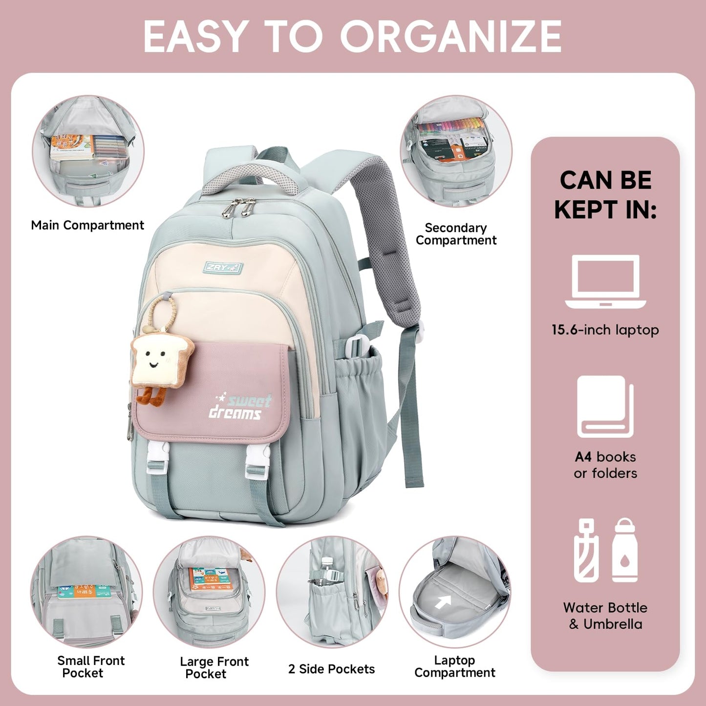 Amythe Girls School Bag, 16 inch School Backpack for Girl Age 9-16, Kids BookBag with Pendant for Elementary Middle School