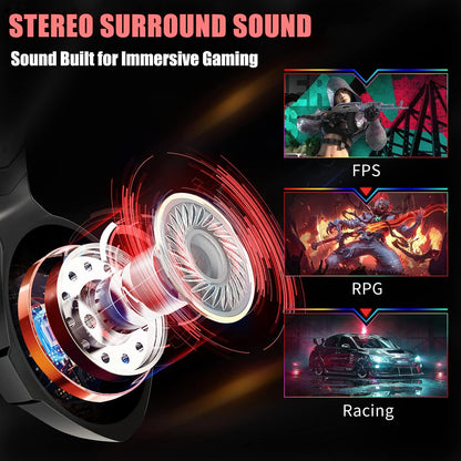 Ozeino Gaming Headset for PC, Ps4, Ps5, Xbox Headset with 7.1 Surround Sound, Gaming Headphones with Noise Cancelling Mic RGB Light Over Ear Headphones for Xbox Series X/S, Switch -Red