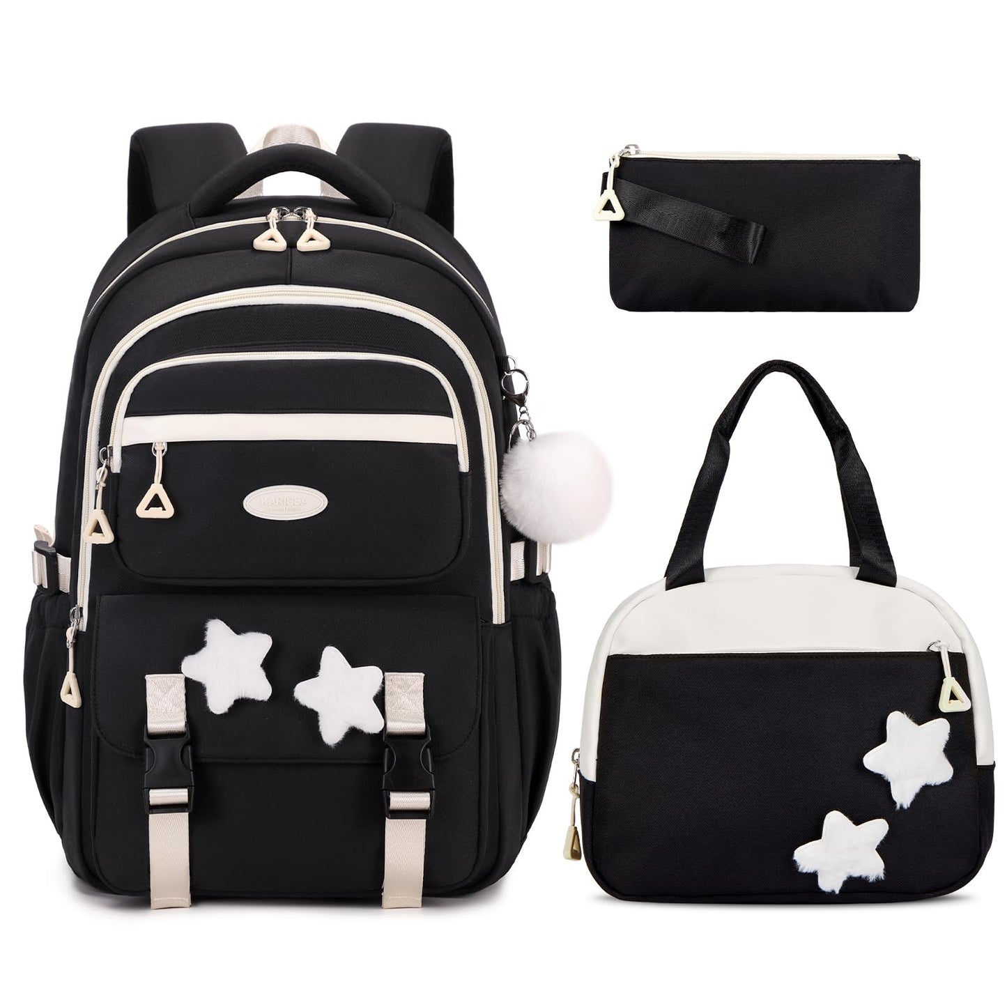 Amythe School Bag for Girls, 3 Pcs Kids Backpack for Elementary Junior School, Multiple Compartment Girl's BookBag Set with Lunch Box Pencil Case, Casual Sac a Dos Fille, Black