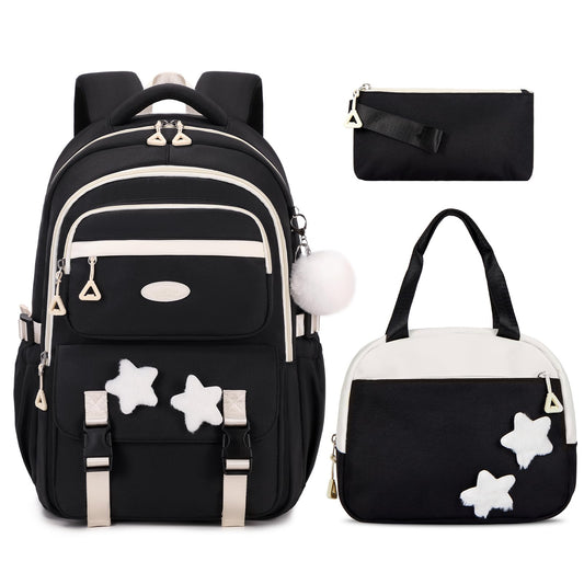 Amythe School Bag for Girls, 3 Pcs Kids Backpack for Elementary Junior School, Multiple Compartment Girl's BookBag Set with Lunch Box Pencil Case, Casual Sac a Dos Fille, Black