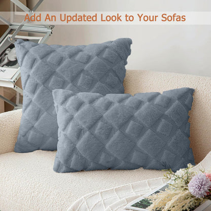 CJWLKJ 2Pcs Soft Faux Fur Throw Pillow Covers 18x18 - Plush Short Wool Velvet Decorative Pillow Covers - Couch Sofa Pillow Covers for Living Room - with 3D Plaid Pattern (Gray)