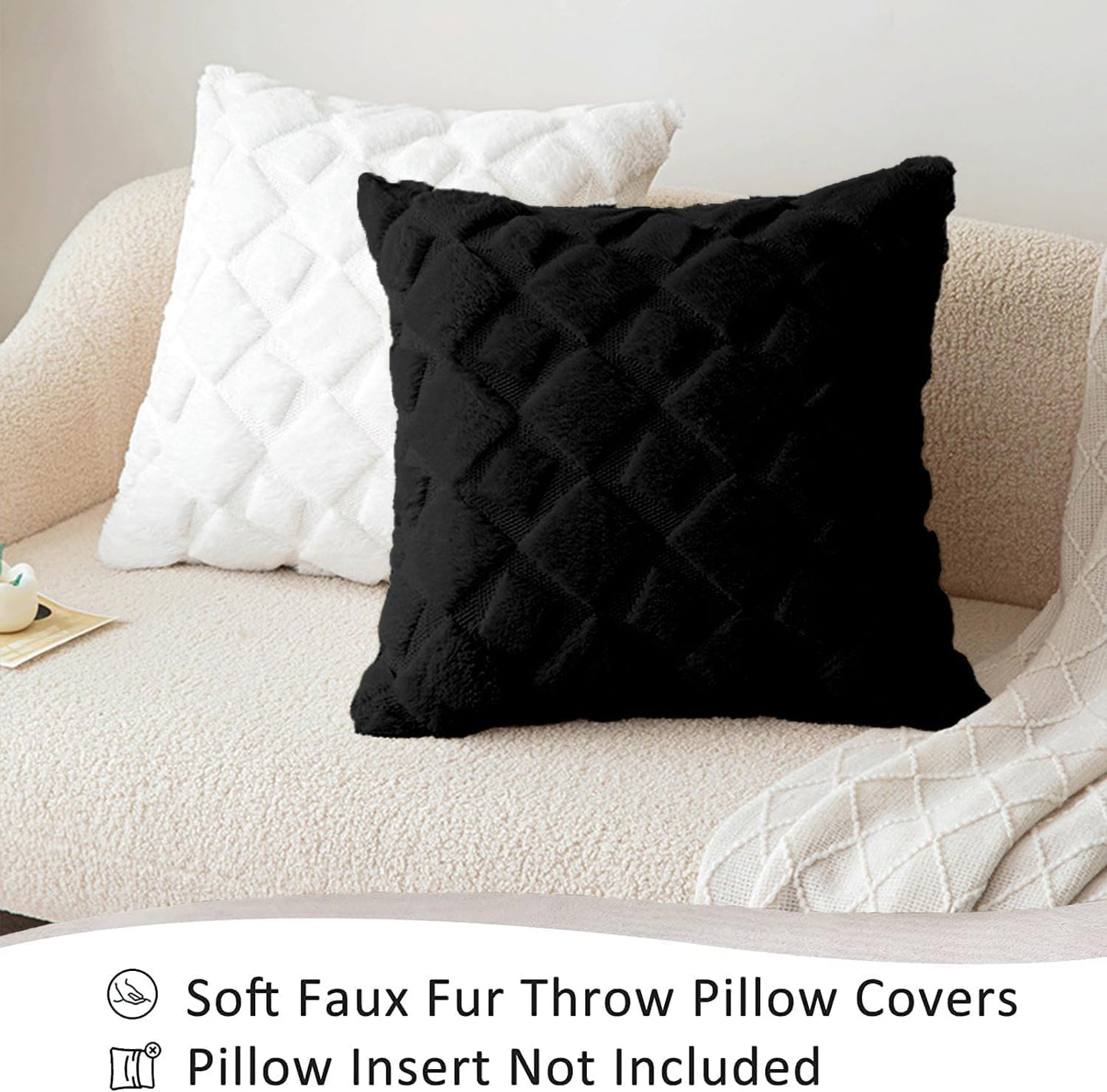 CJWLKJ 2Pcs Soft Faux Fur Throw Pillow Covers 18x18 - Plush Short Wool Velvet Decorative Pillow Covers - Couch Sofa Pillow Covers for Living Room - with 3D Plaid Pattern (Black)