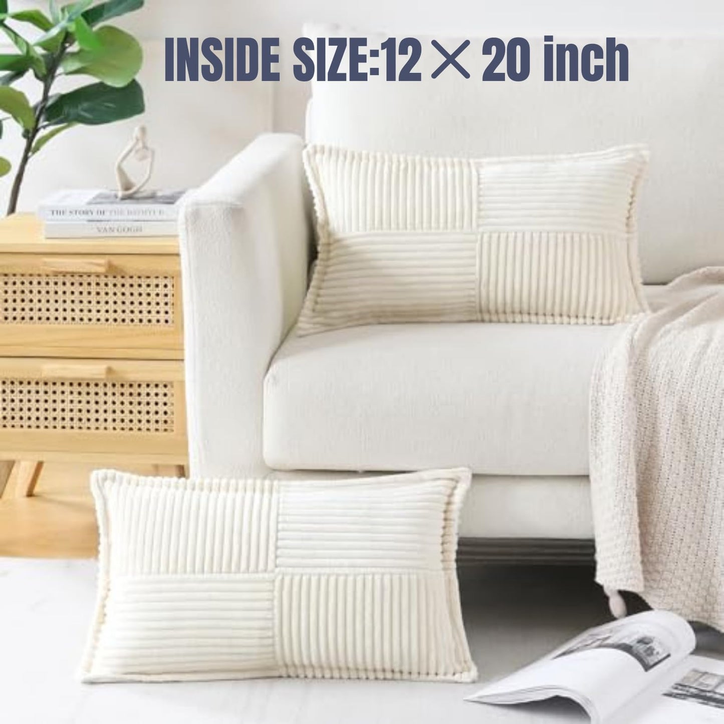 2 Packs Throw Pillow Covers Corduroy,Decorative Lumbar Pillow Covers, JOMWEN Super Soft Boho Striped Cushion Covers for Couch Bed Sofa Livingroom (Cream, 50 x 30 cm)
