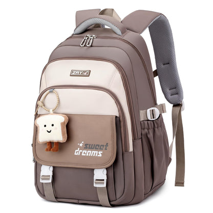 Amythe Girls School Bag, 16 inch School Backpack for Girl Age 9-16, Kids BookBag with Cute Pendant for Elementary Middle School, Children’s Casual Rucksack for Travel,Brown