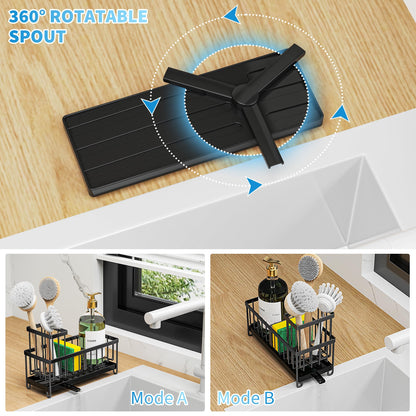 Black Sponge Holder for Kitchen Sink, Sink Caddy Organizer with High Brush Holder, Kitchen Countertop Organizers and Storage Essentials, Rustproof 304 Stainless Steel, Soap Dispenser Organize