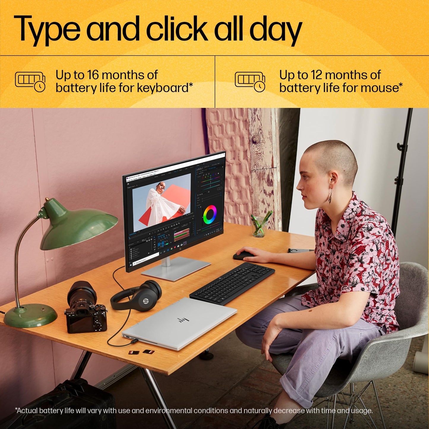 HP 230 Wireless Mouse and Keyboard Combo with Lag Free Wireless 2.4GHz, Long Lasting Battery - 16months, Up to 1600 DPI Mouse Precision, Quiet Keys and clicks, Black, 18H24AA