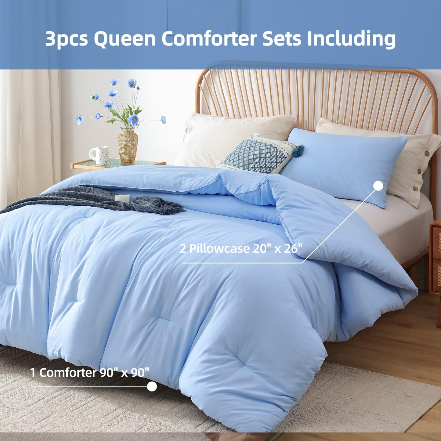 ROSGONIA Queen Comforter Set Light Blue, 3pcs Bedding Comforter Sets (1 Comforter & 2 Pillowcases) All Season Soft Lightweight Bedspread Blanket Quilt