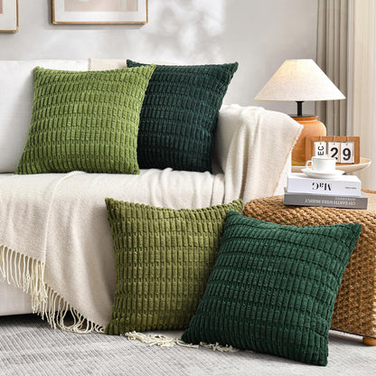 Fancy Homi Set of 4 Green Boho Decorative Throw Pillow Covers 18x18 Inch for Couch Bed Sofa, Aesthetic Modern Bohemian Room Decor, Soft Fuzzy Fluffy Cozy Corduroy Cushion Case 45x45cm