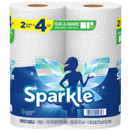 Sparkle Tear-A-Square Paper Towels, 2 Double Rolls = 4 Regular Rolls, Back-to-School Essentials, Customizable Sheets for Lunchboxes, Art Projects, Classrooms, and Home