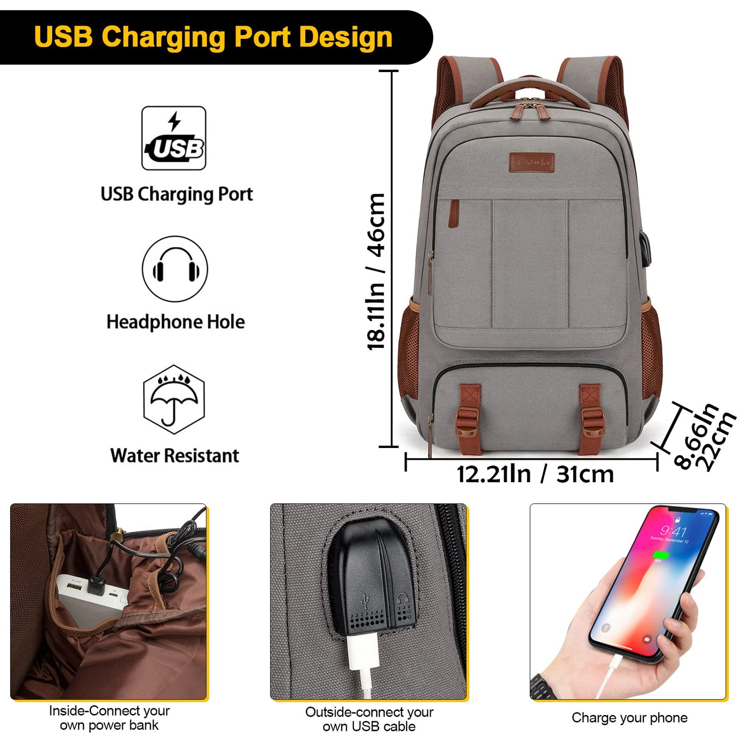 Tzowla Canvas Laptop Backpack, Bag for Men Women,Travel Work Rucksack Fits 15.6 Inch Laptop,Bookbag with USB Charging Port-Khaki